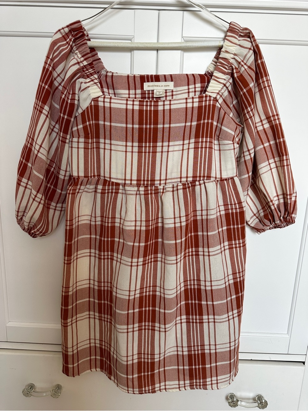 Monteau Plaid Square-Neck Mini Dress in Rust and Cream- Medium